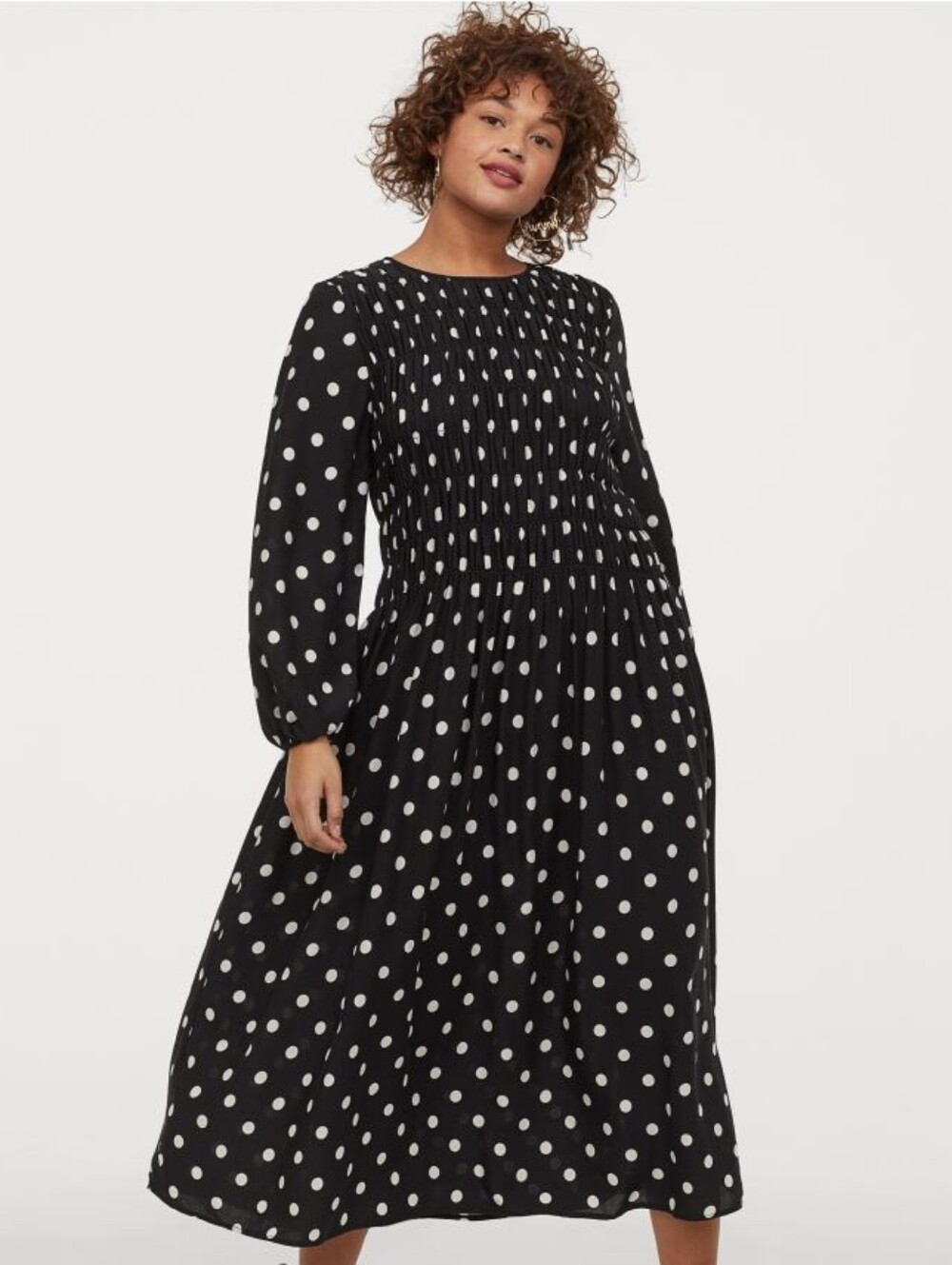 H&M HM Navy Blue White Polka Dot Gauze Smocked Bodice L/S Midi Tea Dress US 4 S